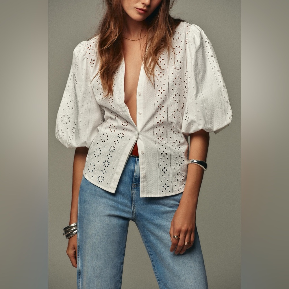 Zara Puff Sleeve Button Down Shirt Size XS Cutwork Embroidery White Eyelet NEW